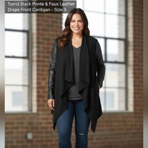 Torrid Black Ponte & Faux Leather Sleeve Drape Front Cardigan Blazer - Size 3